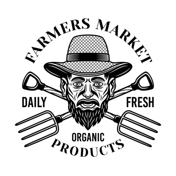 Hasır Şapkalı Çiftçi Başı Çapraz Tarımsal Çatal Vektör Amblemi Logo — Stok Vektör