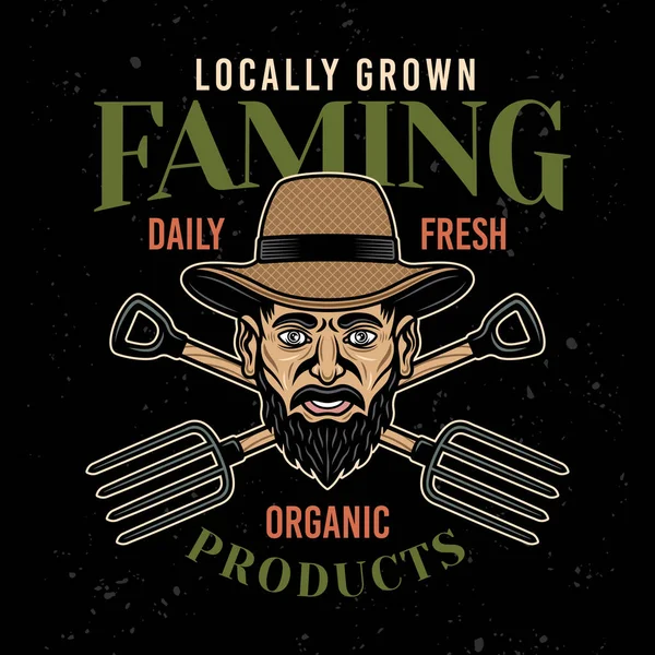 Farmářský Vektorový Znak Logo Odznak Nebo Štítek Hlavou Zemědělce Zkříženými — Stockový vektor