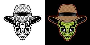 Hasır çiftçi şapkası içinde uzaylı kafası. İki farklı şekilde, siyah beyaz ve siyah arka planda şapka vektör çizimi.