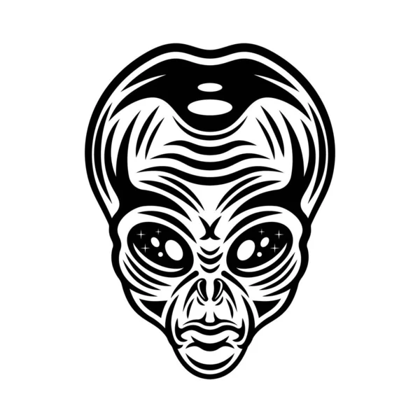 Ilustrasi Vektor Wajah Humanoid Atau Kepala Alien Dalam Gaya Monokrom - Stok Vektor