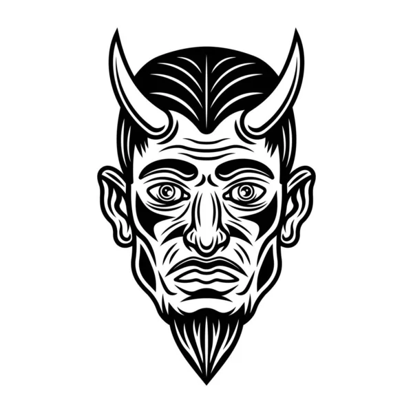 Diabo Lucifer Cabeça Com Chifres Vetor Monocromático Ilustração Estilo Vintage —  Vetores de Stock