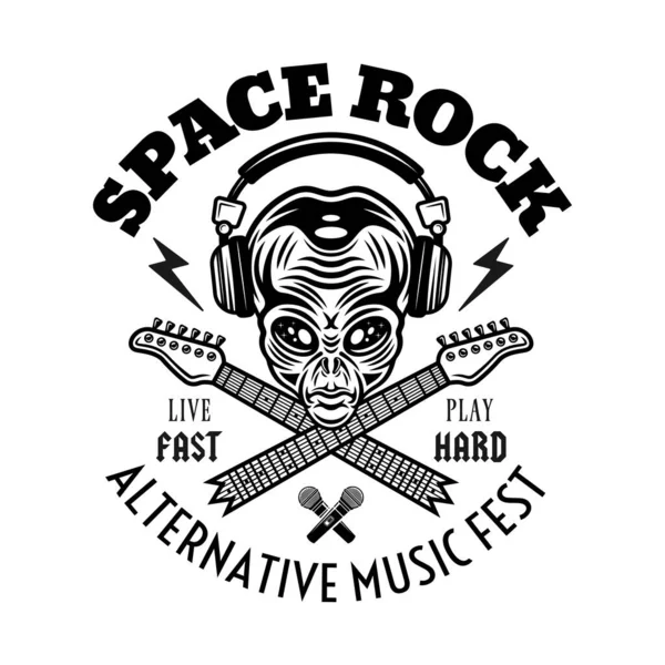 Rock Müzik Festivali Vektör Amblemi Etiket Rozet Kulaklıklı Uzaylı Kafalı — Stok Vektör