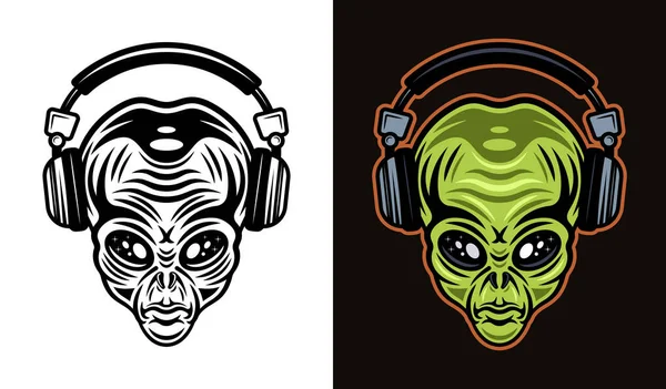 Alien Head Słuchawkach Wektor Ilustracji Dwóch Stylach Czarny Białym Kolorowe — Wektor stockowy