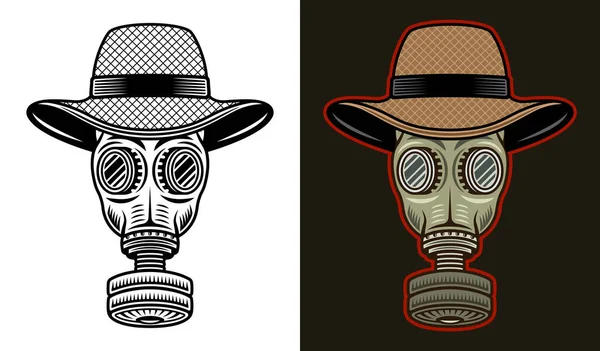Gas Mask Straw Hat Vector Illustration Two Styles Black White — Stock Vector