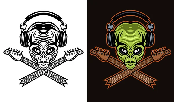 Kulaklıklı Uzaylı Kafası Çapraz Gitar Boynu Çizimi Iki Tarzda Siyah — Stok Vektör