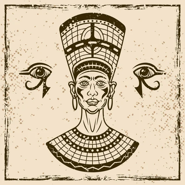 Древняя Египетская Королева Нефертити Векторная Иллюстрация Винтажном Стиле Заднем Плане — стоковый вектор
