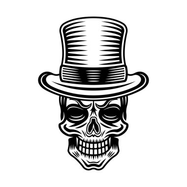 Silindir şapka vektör illüstrasyonlu beyefendi kafatası beyaz üzerinde izole edilmiş klasik monokrom tarzı