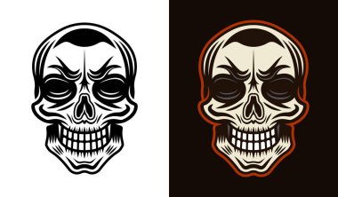 Kafatası vektör karakteri çizimi iki stilde siyah beyaz ve koyu arkaplanda renkli