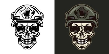 Koruyucu miğfer vektör illüstrasyonunda beyaz üzerine tek renkli ve koyu arkaplan üzerine tek renkli asker kafatası.