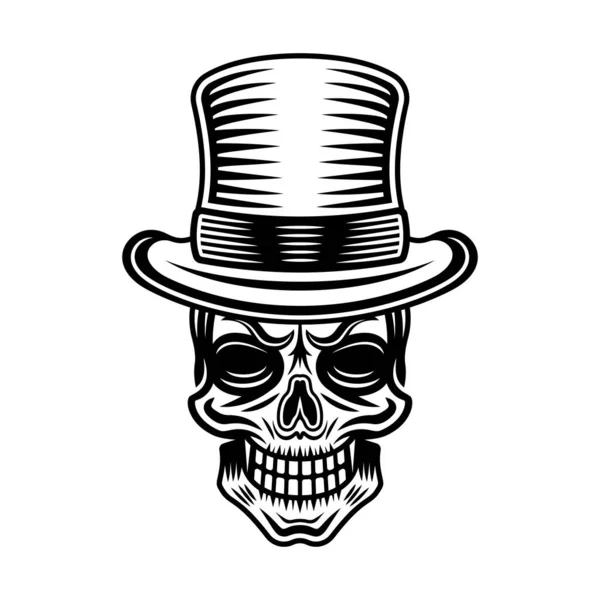 从白色中分离出来的老式单色样式的圆筒帽向量中的绅士骷髅 — 图库矢量图片