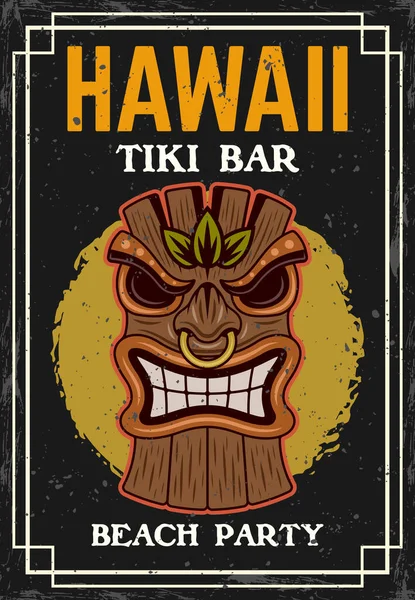 Tiki Head Vintage Colored Poster Traditional Hawaiian Tribal Wooden Mask — Stockový vektor