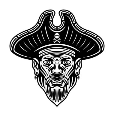 Sakal vektör illüstrasyonlu korsan kafası beyaz üzerine izole edilmiş tek renkli vintage tarzıyla