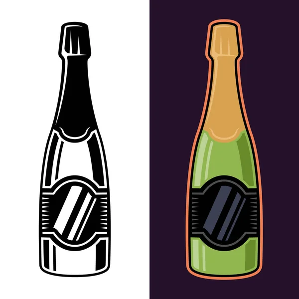 Champagne Bottle Vector Objects Two Styles Black White Colorful Dark — Stock Vector