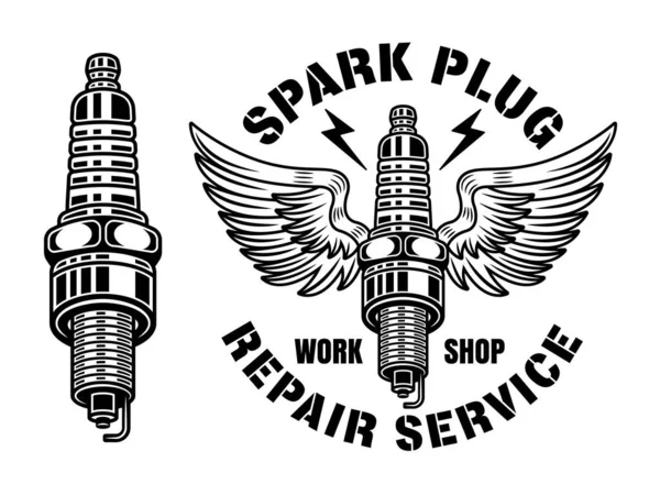 Spark Plug Wings Vector Illustration Monochrome Style Isolated White Repair — Vector de stock