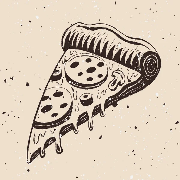 Pizza Řez Vektor Ilustrace Ruce Kreslené Retro Styl Pozadí Grunge — Stockový vektor