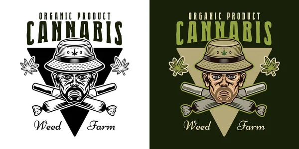 Marijuana Growing Vector Emblem Badge Label Logo Stoner Head Bucket — Stock Vector