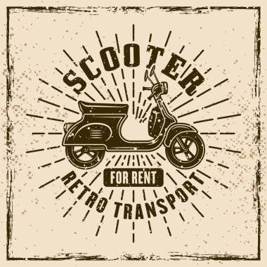 Kiralık vektör amblemi, logosu, rozeti veya etiketi için arka planda desenleri olan klasik ışınlı scooter
