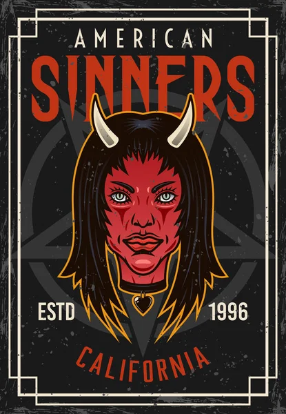 Devil Girl Head Vintage Colored Poster Text American Sinners Vector — Vettoriale Stock