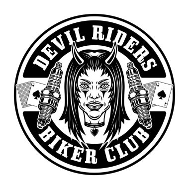 Biker club vector round emblem, logo, badge, label, sticker or print with devil girl head and spark plugs. Illustration in monochrome style isolated on white