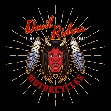 Biker club vector emblem, logo, badge, label, sticker or print with devil girl head and spark plugs. Illustration in colored style on dark background