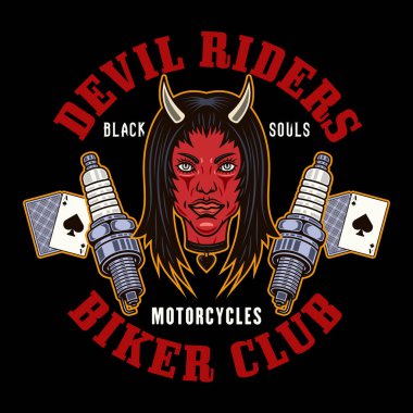 Biker club vector emblem, logo, badge, label, sticker or print with devil girl head and spark plugs. Illustration in colored style on dark background