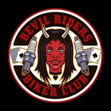 Biker club vector round emblem, logo, badge, label, sticker or print with devil girl head and spark plugs. Illustration in colored style on dark background