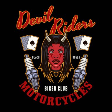 Biker club vector emblem, logo, badge, label, sticker or print with devil girl head and spark plugs. Illustration in colored style on dark background