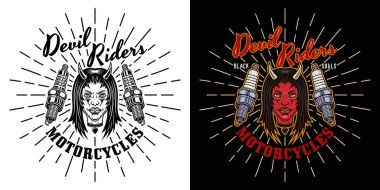 Biker club vector emblem, logo, badge, label, sticker or print with devil girl head and spark plugs. Illustration in two styles black on white and colored on dark background