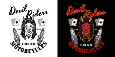 Biker club vector emblem, logo, badge, label, sticker or print with devil girl head and spark plugs. Illustration in two styles black on white and colored on dark background