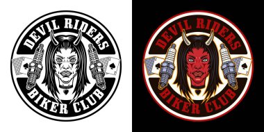 Biker club vector emblem, logo, badge, label, sticker or print with devil girl head and spark plugs. Illustration in two styles black on white and colored on dark background