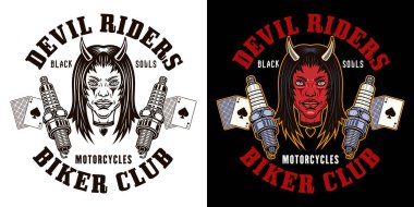 Biker club vector emblem, logo, badge, label, sticker or print with devil girl head and spark plugs. Illustration in two styles black on white and colored on dark background