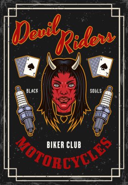 Biker club vector vintage colored poster with devil girl head and spark plugs. Vector decorative illustration