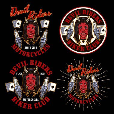 Biker club set of four vector emblems, logos, badges, labels, stickers with devil girl head and spark plugs. Illustration in colorful style on dark background