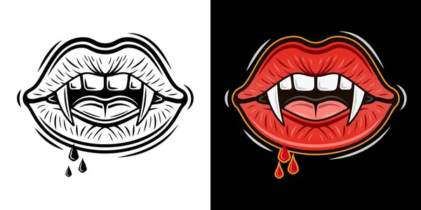 Vampire Women Mouth Fangs Blood Drops Vector Illustration Two Styles — Stock Vector