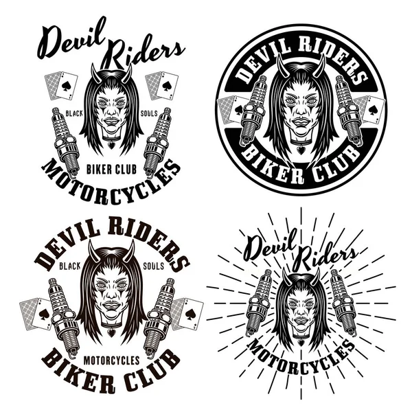 Biker Club Set Four Vector Emblems Logos Badges Labels Stickers — Vetor de Stock