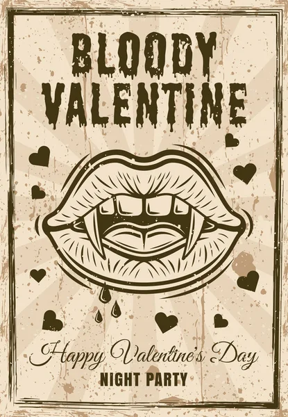 Bloody Valentine Vintage Poster Vampire Women Mouth Fangs Blood Drops — Stock Vector