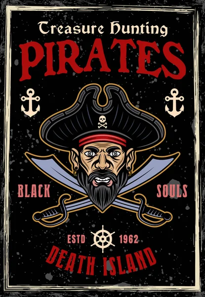 Pirates Vector Poster Men Head Hat Crossed Sabers Colored Illustration - Stok Vektor