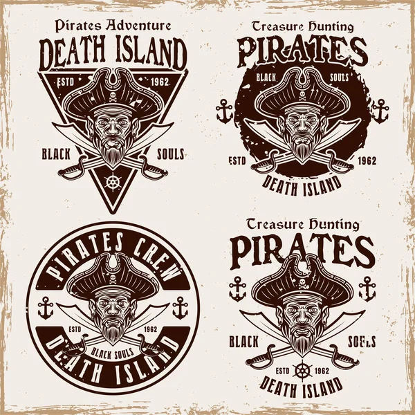Piraten Set Vector Emblemen Vintage Stijl Illustratie Geïsoleerd Achtergrond Met — Stockvector
