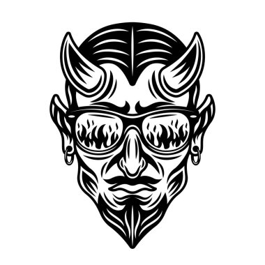Devil in sunglasses that reflect flame vector monochrome illustration in vintage style isolated on white