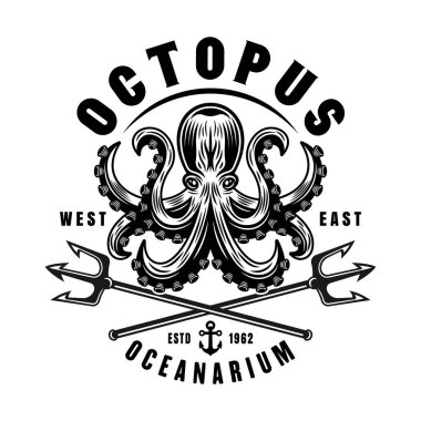 Octopus and two crossed neptune tridents vector emblem, logo, badge, label illustration in monochrome style isolated on white