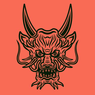 Japanese dragon with horns vector illustration in vintage style on red background