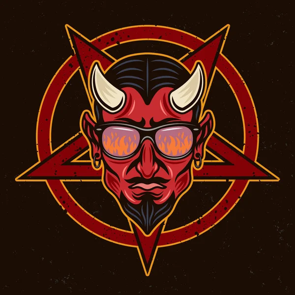 Devil Head Sunglasses Reflect Flame Pentagram Upside Star Vector Illustration — Stock Vector