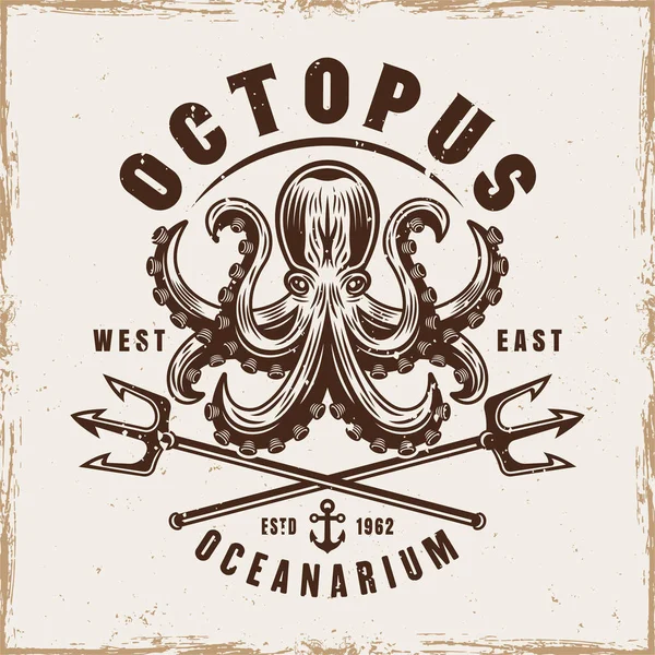 Octopus Dois Tridentes Neptuno Cruzados Emblema Vetorial Logotipo Crachá Ilustração —  Vetores de Stock
