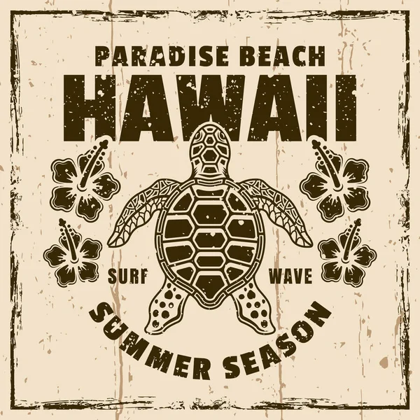 夏威夷天堂海滩古老的徽章 徽章或标志 上面有乌龟的头像 带有Grunge纹理矢量说明的背景说明 — 图库矢量图片