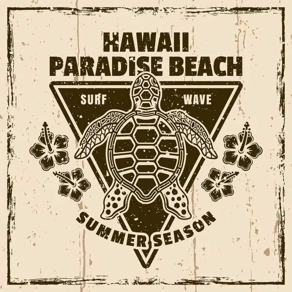 夏威夷天堂海滩矢量古老的标志 徽章或标志与乌龟的顶部视图 带有Grunge纹理说明的背景说明 — 图库矢量图片