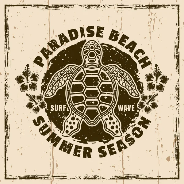Paradise Beach Vintage Emblem Label Badge Logo Sea Turtle Top — Stock Vector