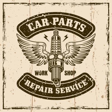 Kanat vektörü amblemi, logosu, rozeti, etiketi olan buji grunge arkaplanındaki klasik stil etiketi