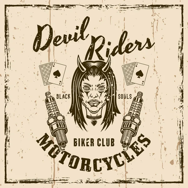 Biker Club Vector Emblem Logo Badge Label Sticker Print Devil — Stock Vector
