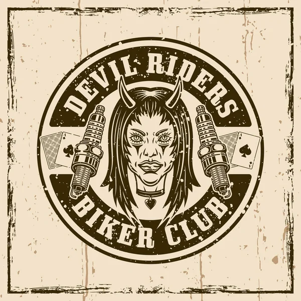 Motosiklet Kulübünün Yuvarlak Amblemi Logosu Rozeti Etiketi Çıkartması Şeytan Kız — Stok Vektör