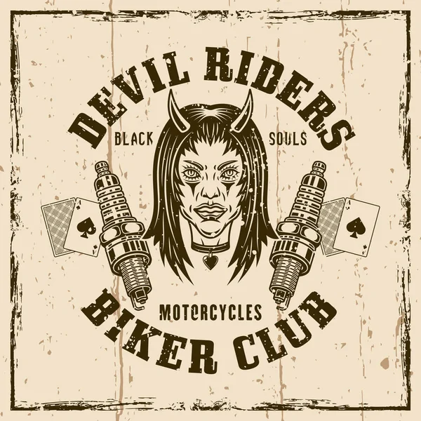 Biker Club Vector Emblem Logo Badge Label Sticker Print Devil — Stock Vector